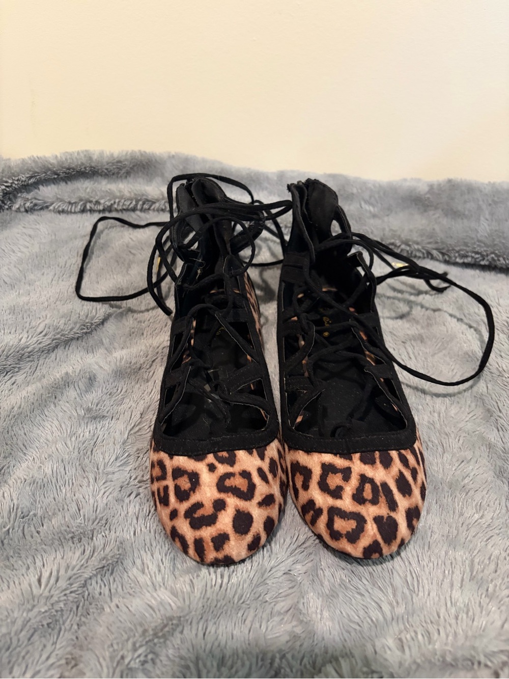 Qupid Leopard Print Lace-Up Flats in Black and Brown